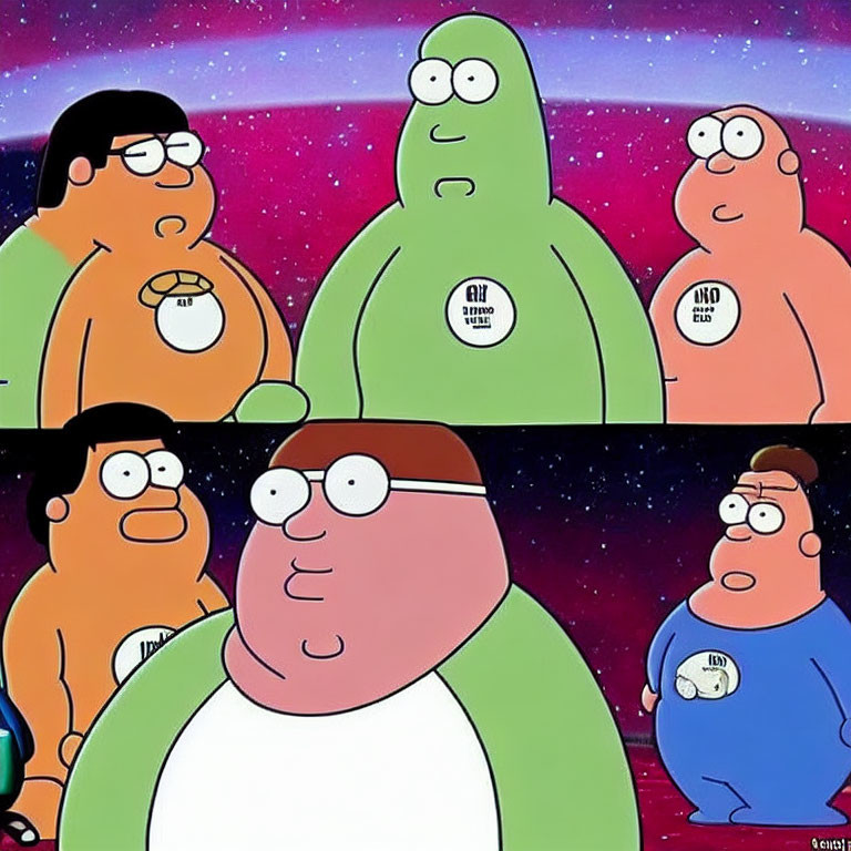 Two animated characters with different expressions on cosmic background