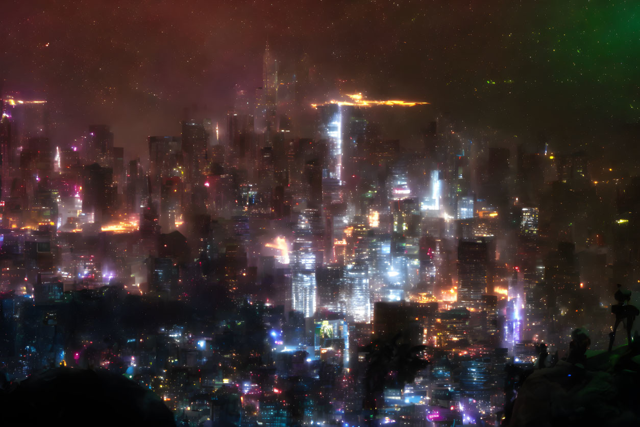 Futuristic cityscape at night with starry sky and nebula hues