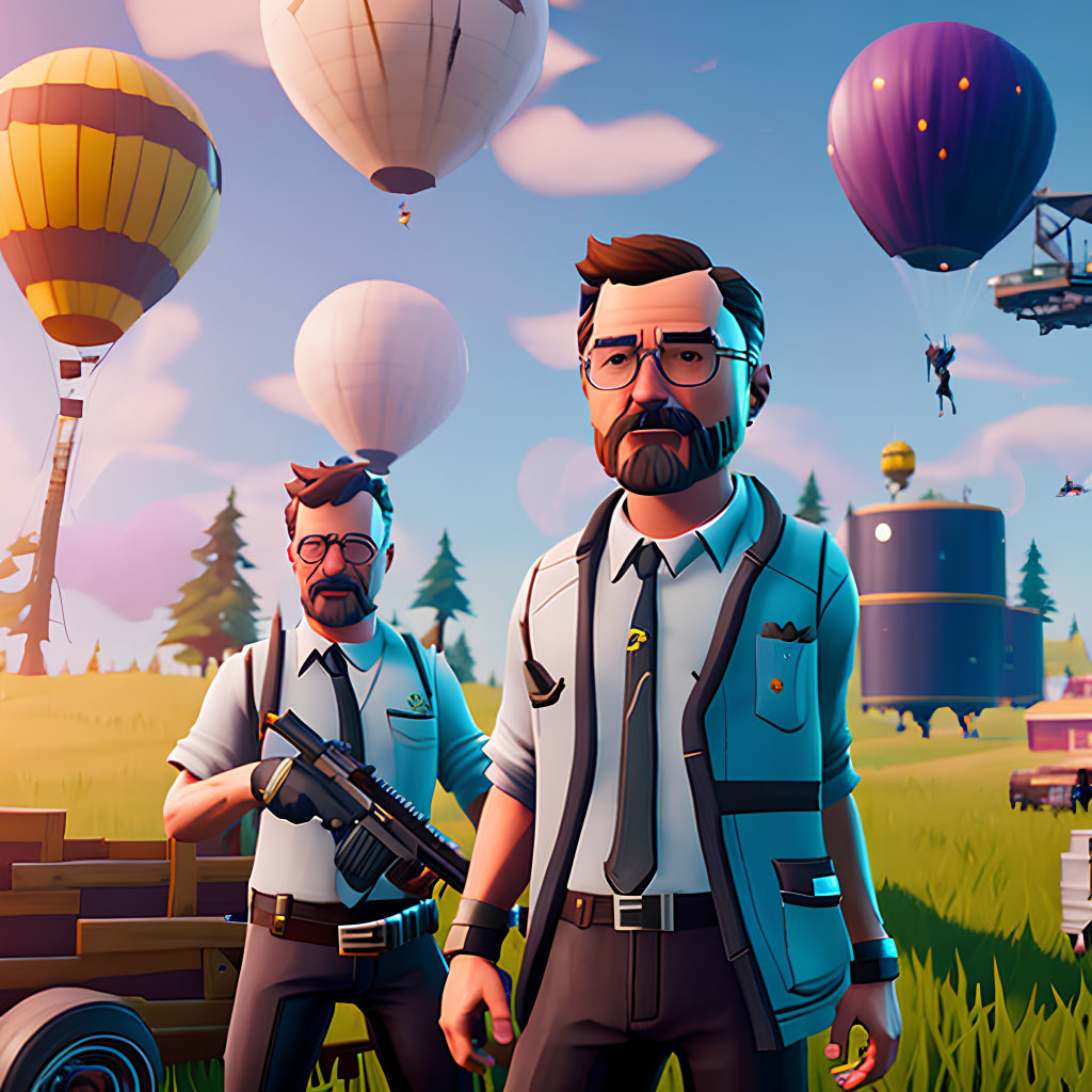 Animated characters in game environment with weapon, hot air balloons, and water tower.