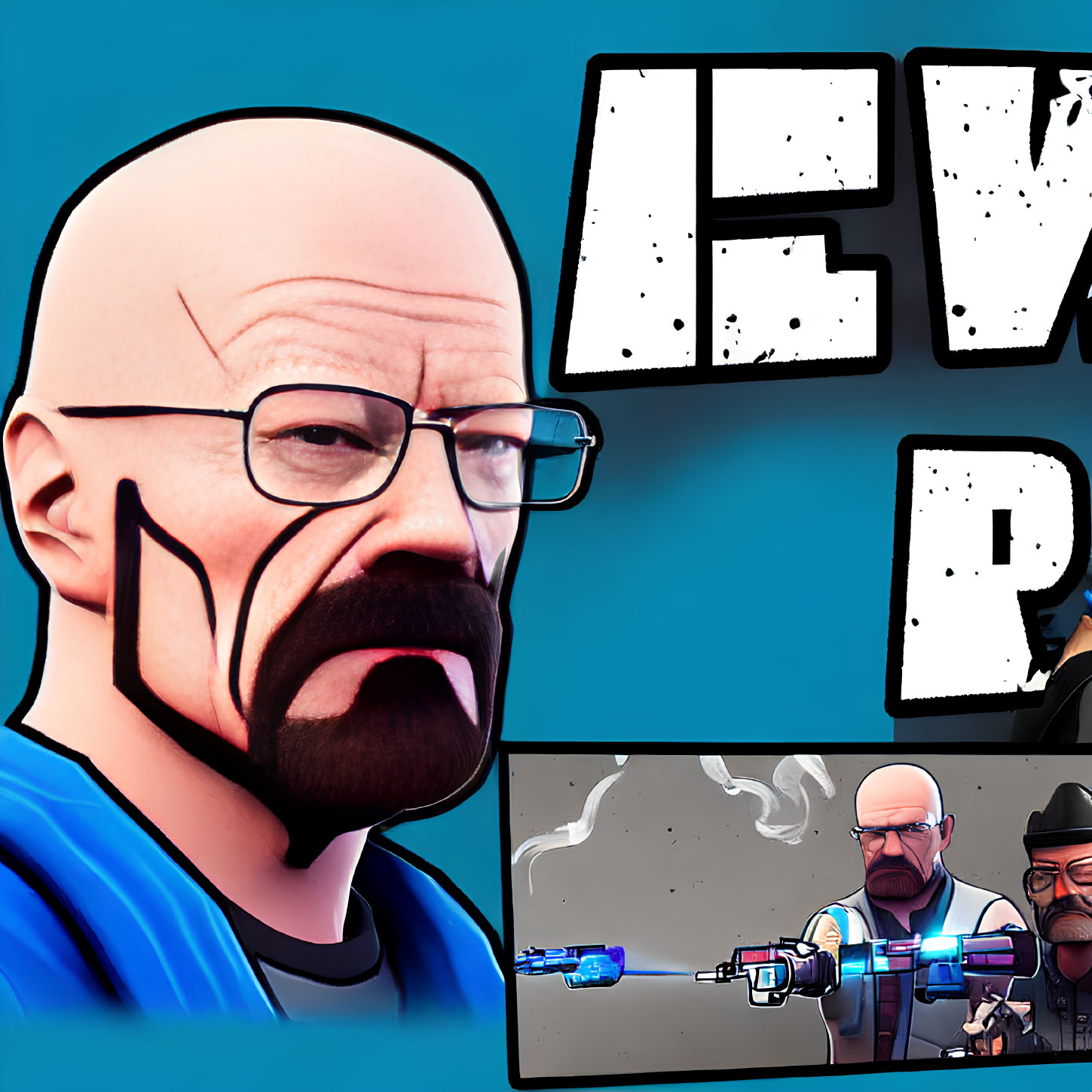 Stylized bald man with glasses and goatee in blue shirt next to "NEW" text and