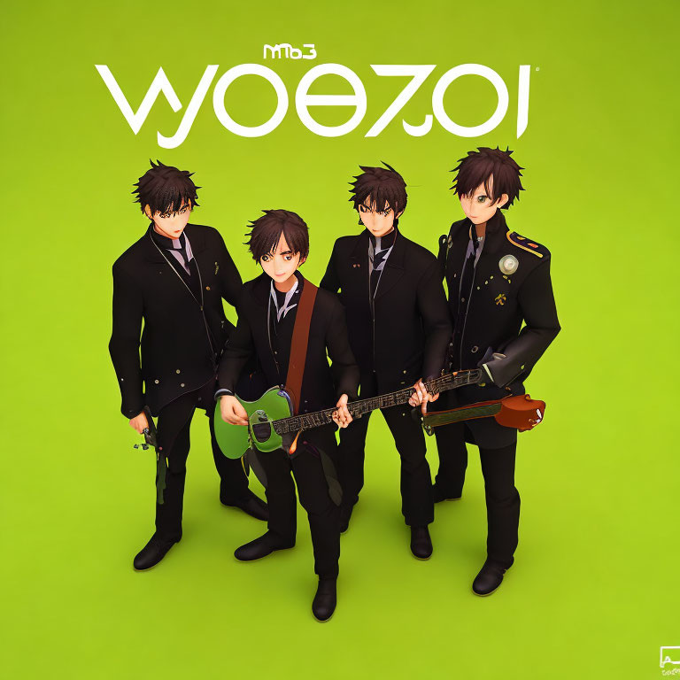 Four Male Anime Characters in Black Attire with Musical Instruments on Green Background