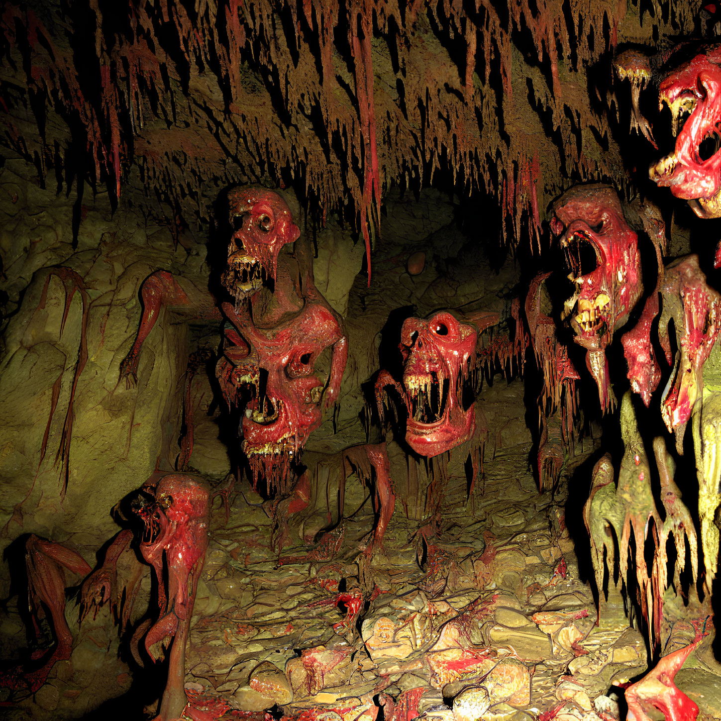 Dark cave with red skeletal creatures and stalactites