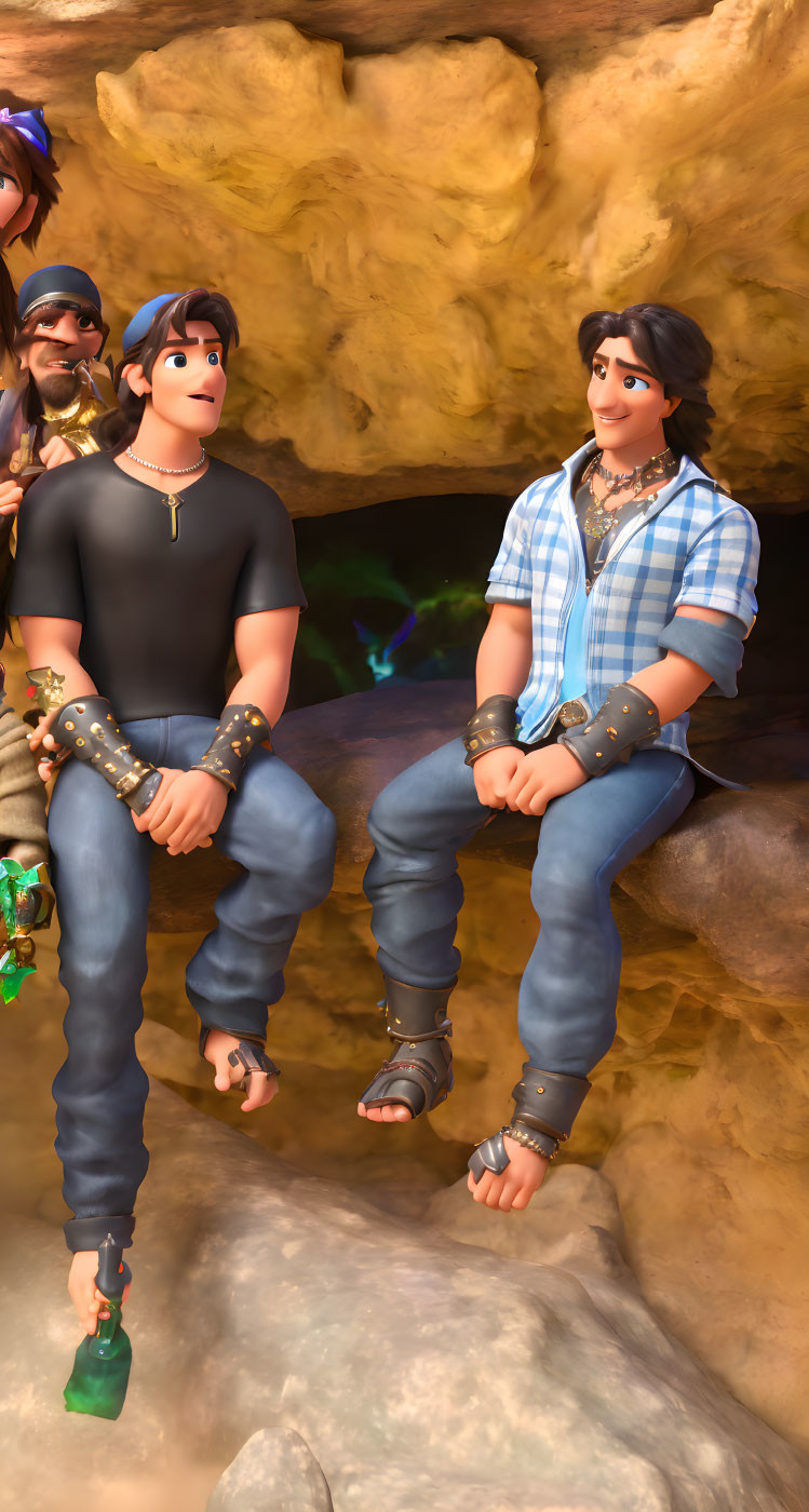 Two male characters in modern attire on rock ledge with cave hint