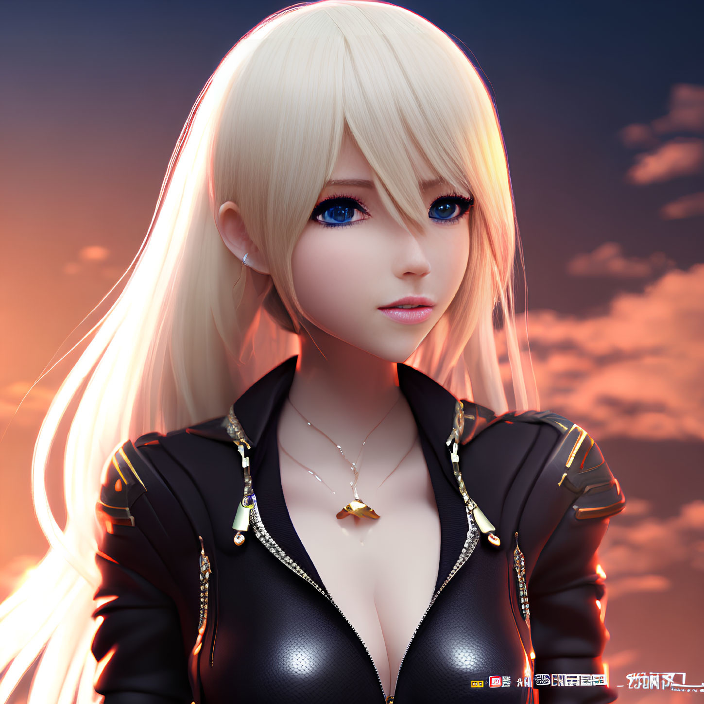 Blonde female character in black jacket against orange sky