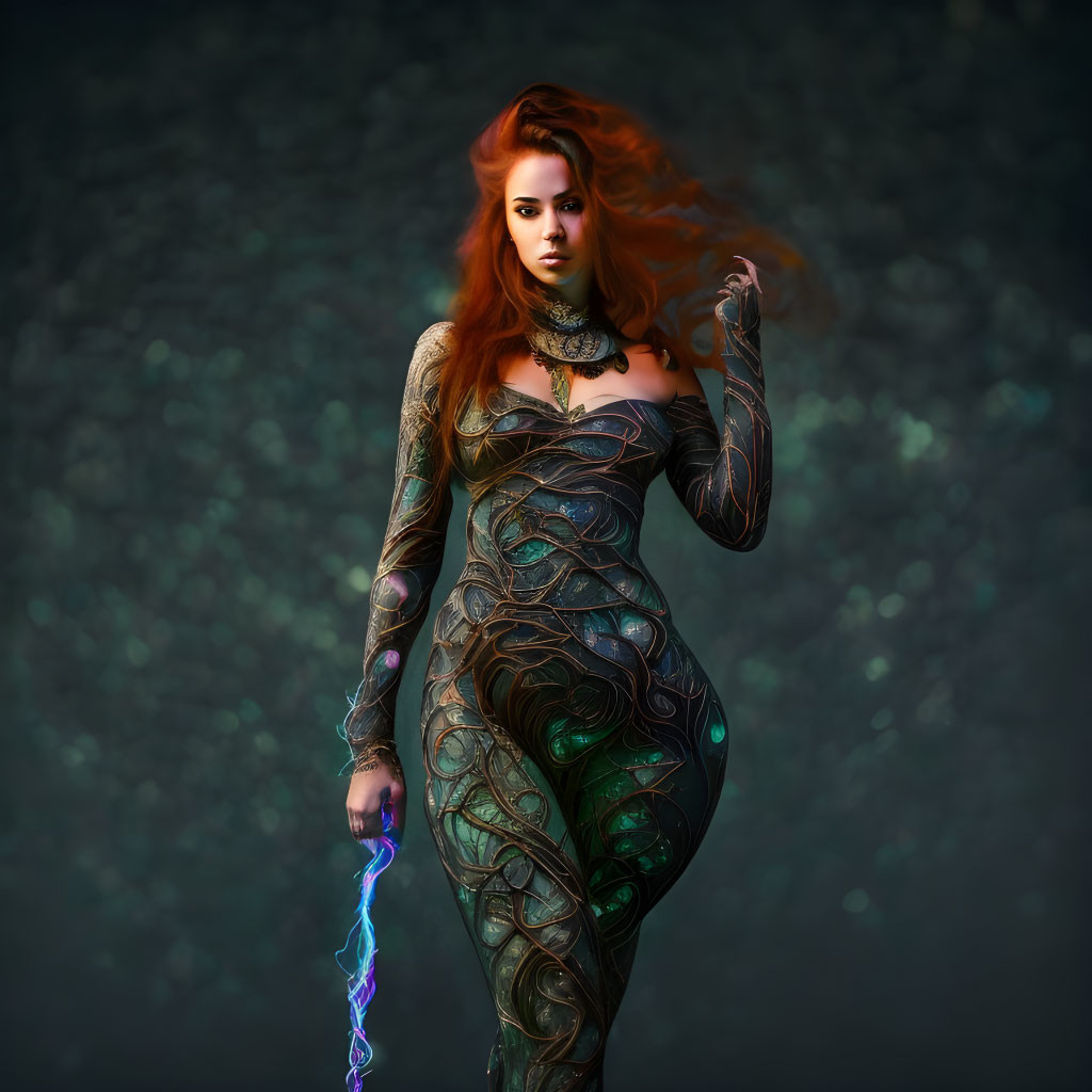 Red-haired woman in metallic armor wields lightning bolt on dark backdrop