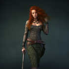 Red-haired woman in metallic armor wields lightning bolt on dark backdrop