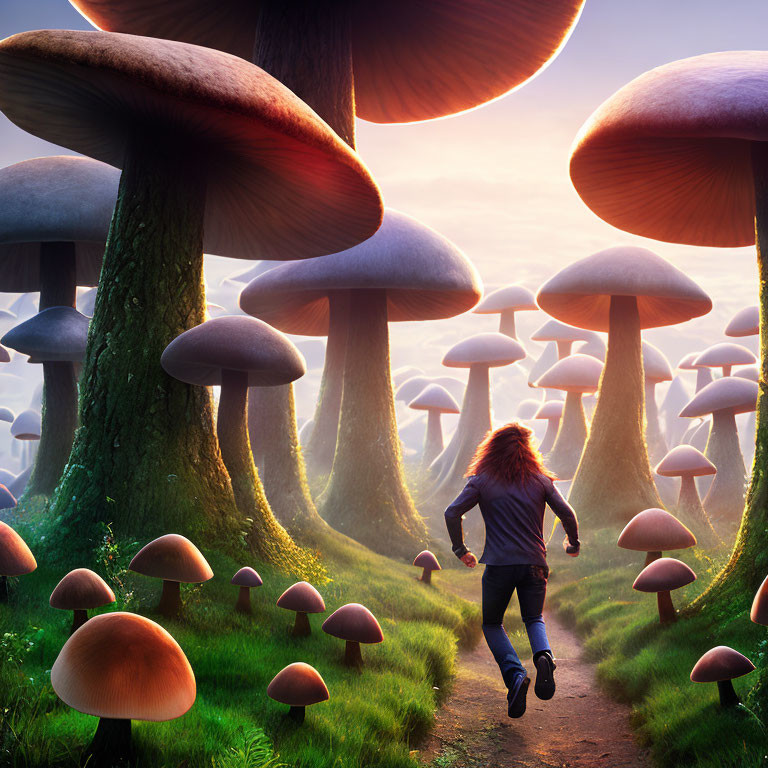 Red-haired person running in enchanting forest with oversized mushrooms under twilight sky