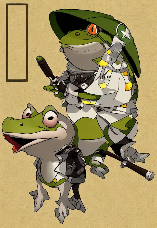 Anthropomorphic frogs in ninja warrior attire with armor and weapons