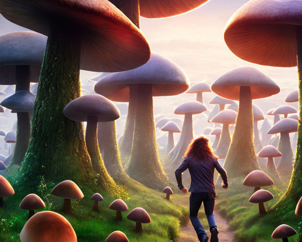 Red-haired person running in enchanting forest with oversized mushrooms under twilight sky