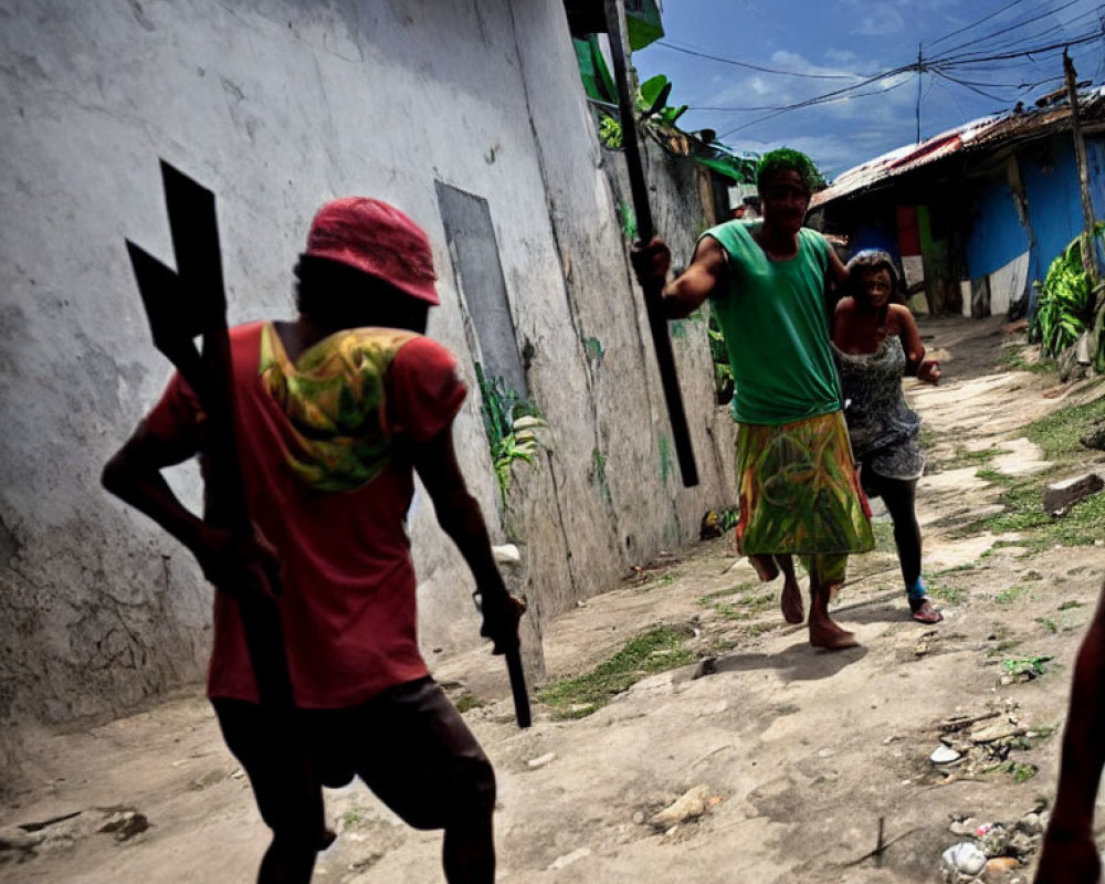 Three People Running Through Narrow Alley in Intense Pursuit