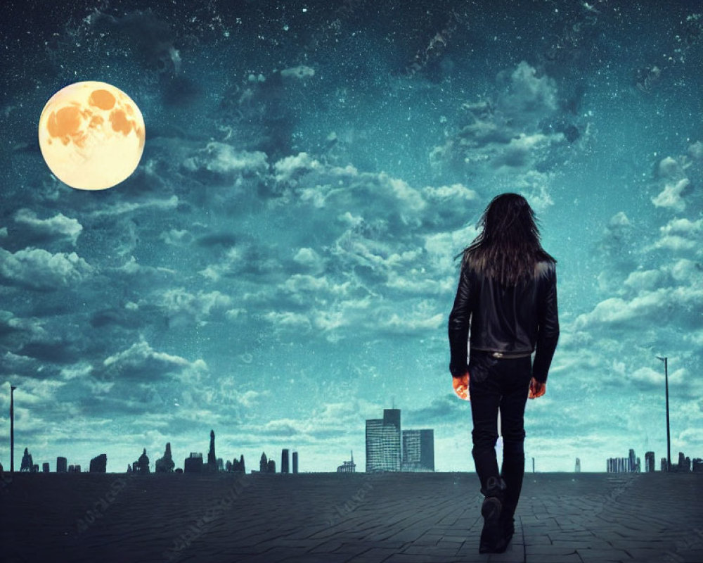 Person in leather jacket walks towards city skyline under night sky with moon.