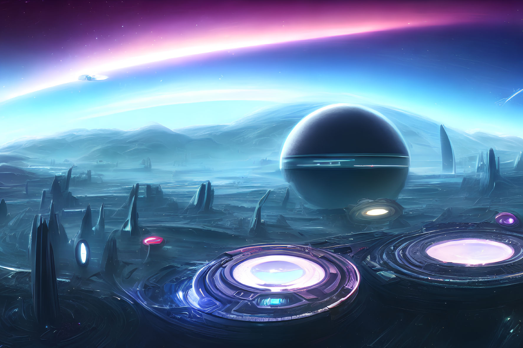 Futuristic landscape with glowing alien structures, large planet, vibrant aurora