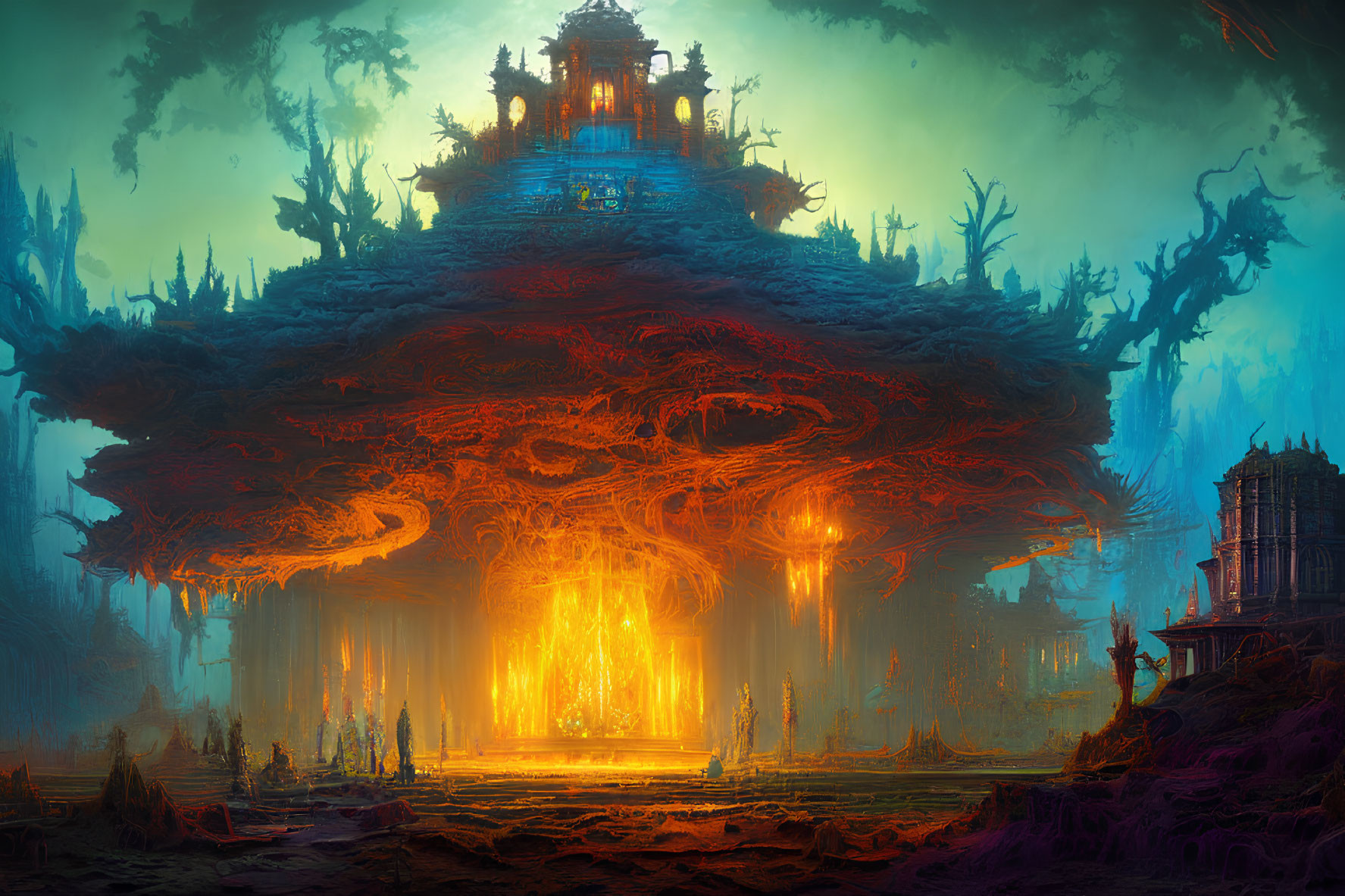 Mystical floating temple over luminous forest with fiery roots