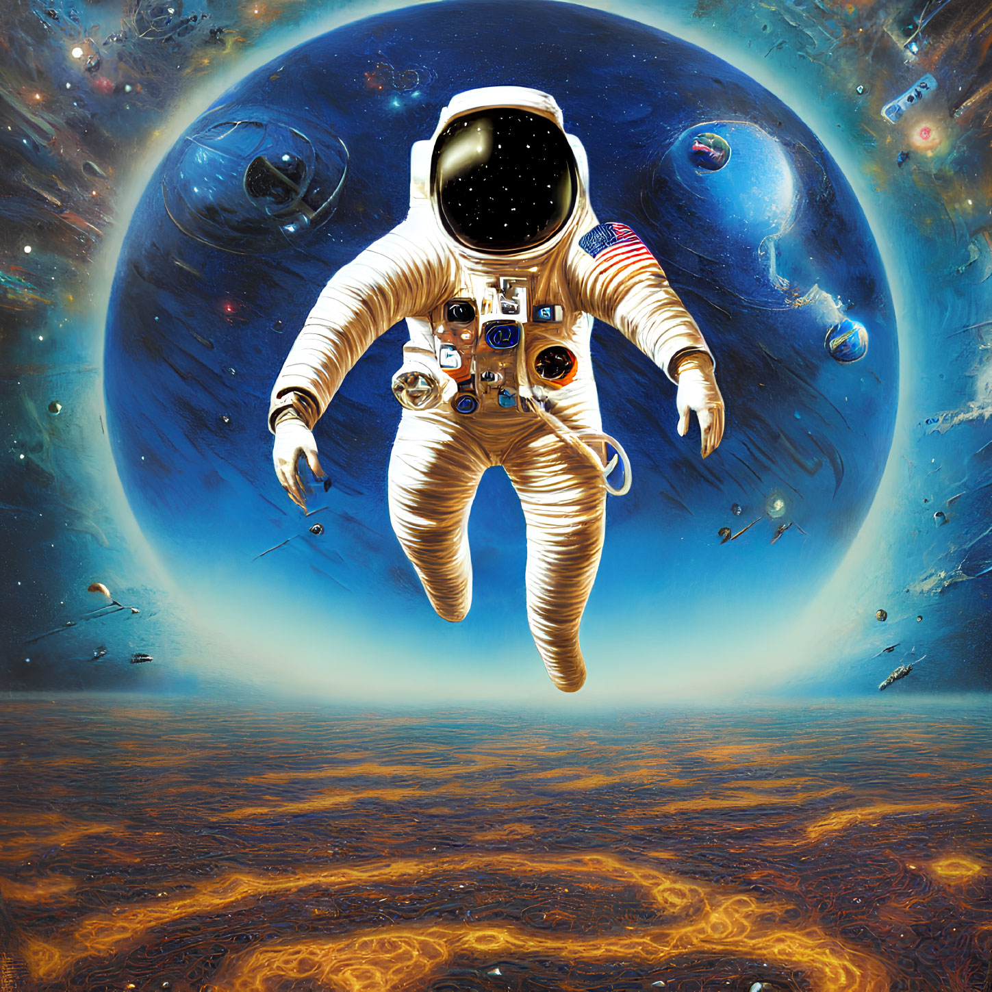 Astronaut in white spacesuit above swirling orange clouds