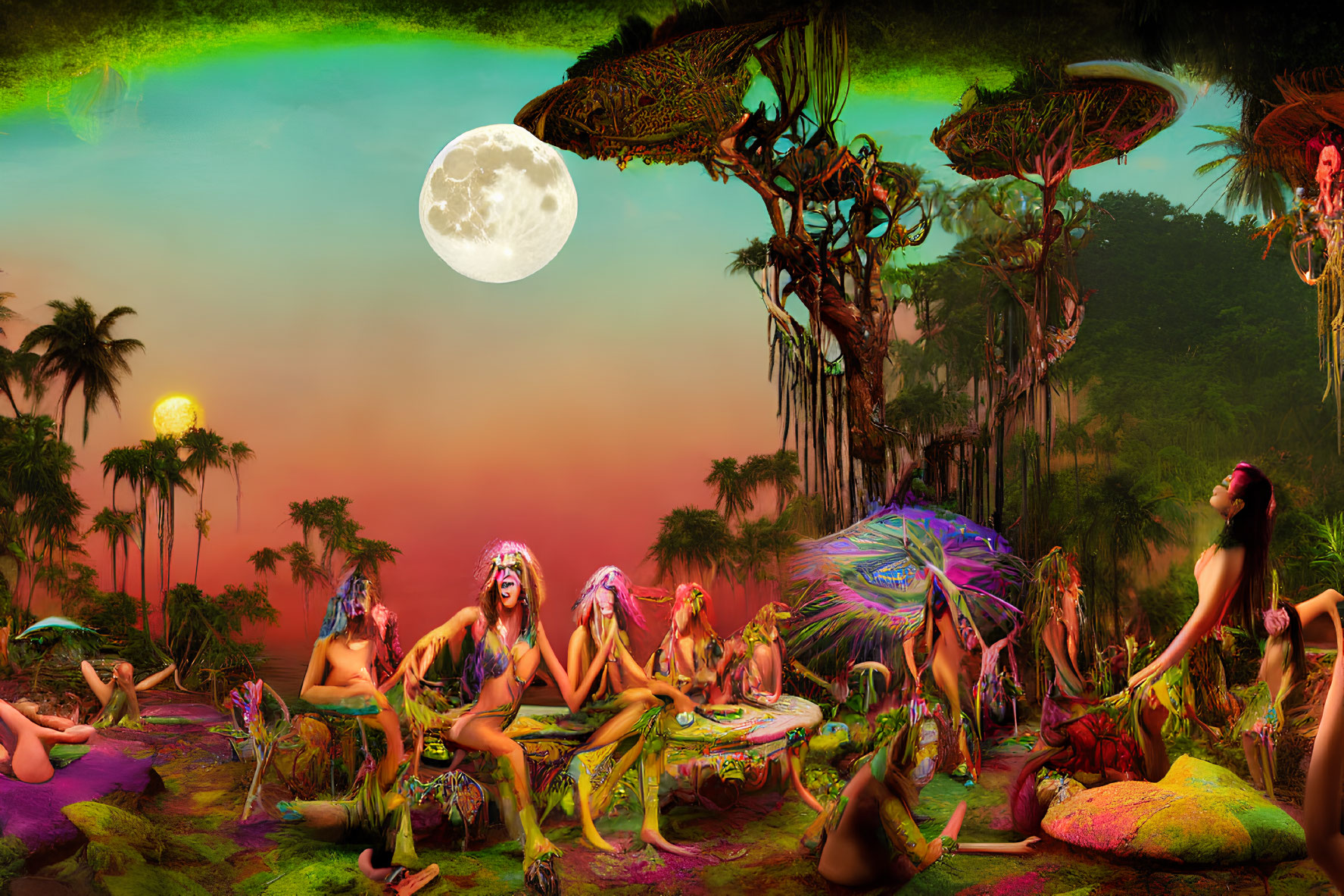 Vibrant attire in surreal jungle under large moon