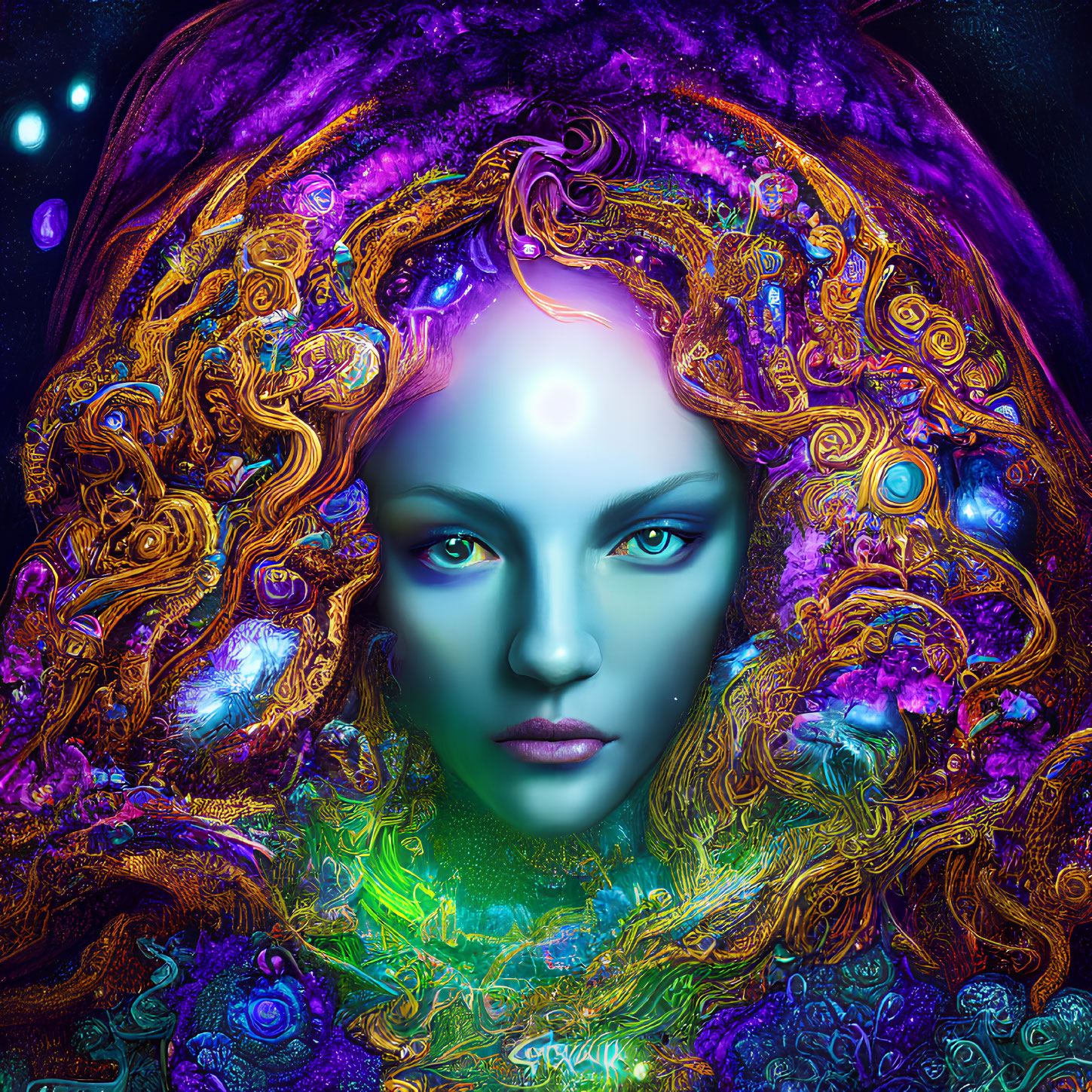 Colorful digital portrait of a woman with purple glowing eyes and cosmic-themed golden hair.