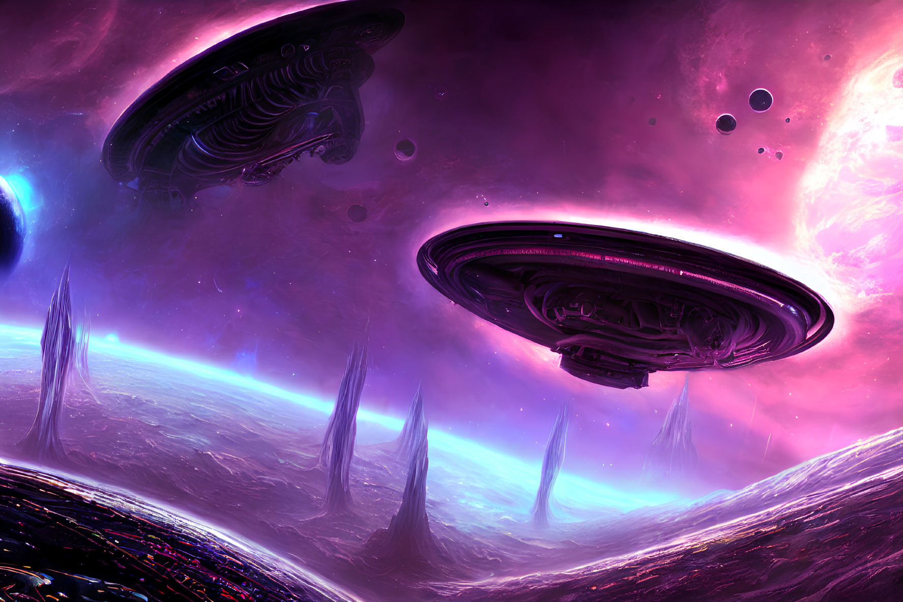 Alien spaceships over vivid extraterrestrial landscape