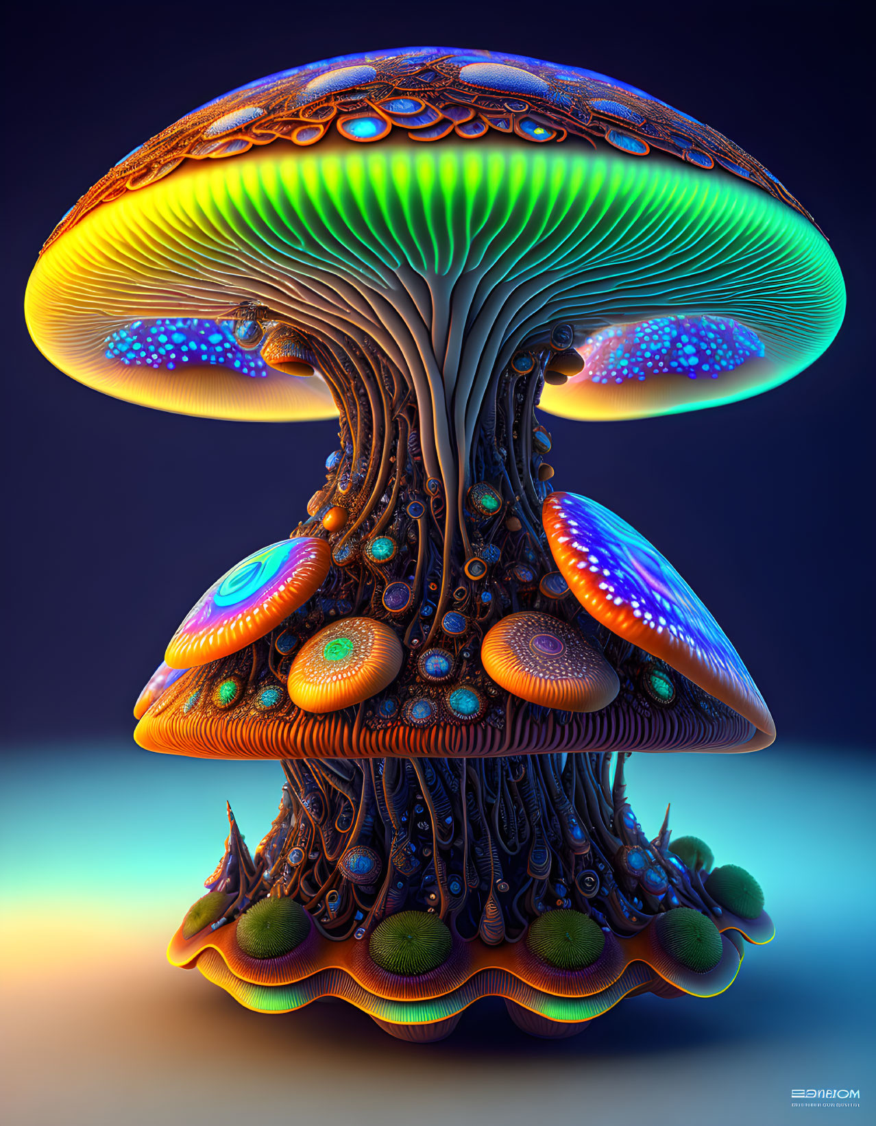 Vividly colored fantasy mushroom with intricate patterns on dark background