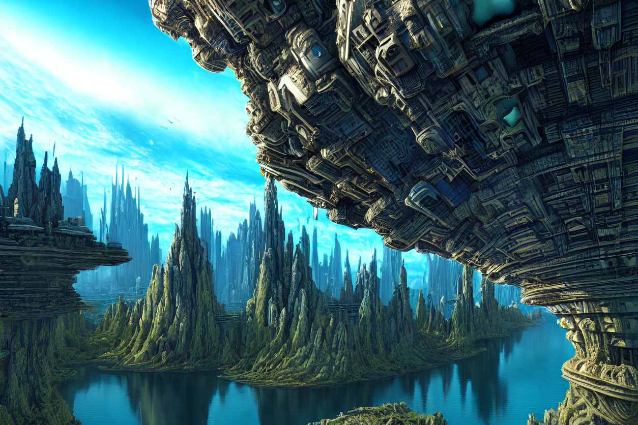 Futuristic spaceship over lush alien landscape with spires & lake