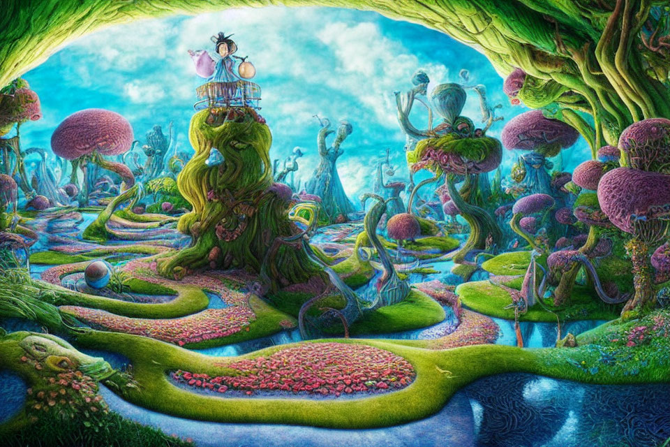 Fantasy landscape with character on tower, surreal flora, and winding pathways