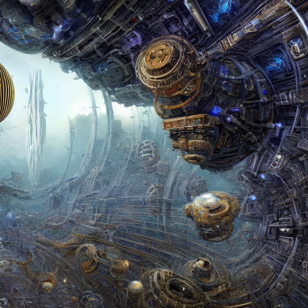 Detailed futuristic cityscape with machinery, floating spheres, and blue energy circuits.