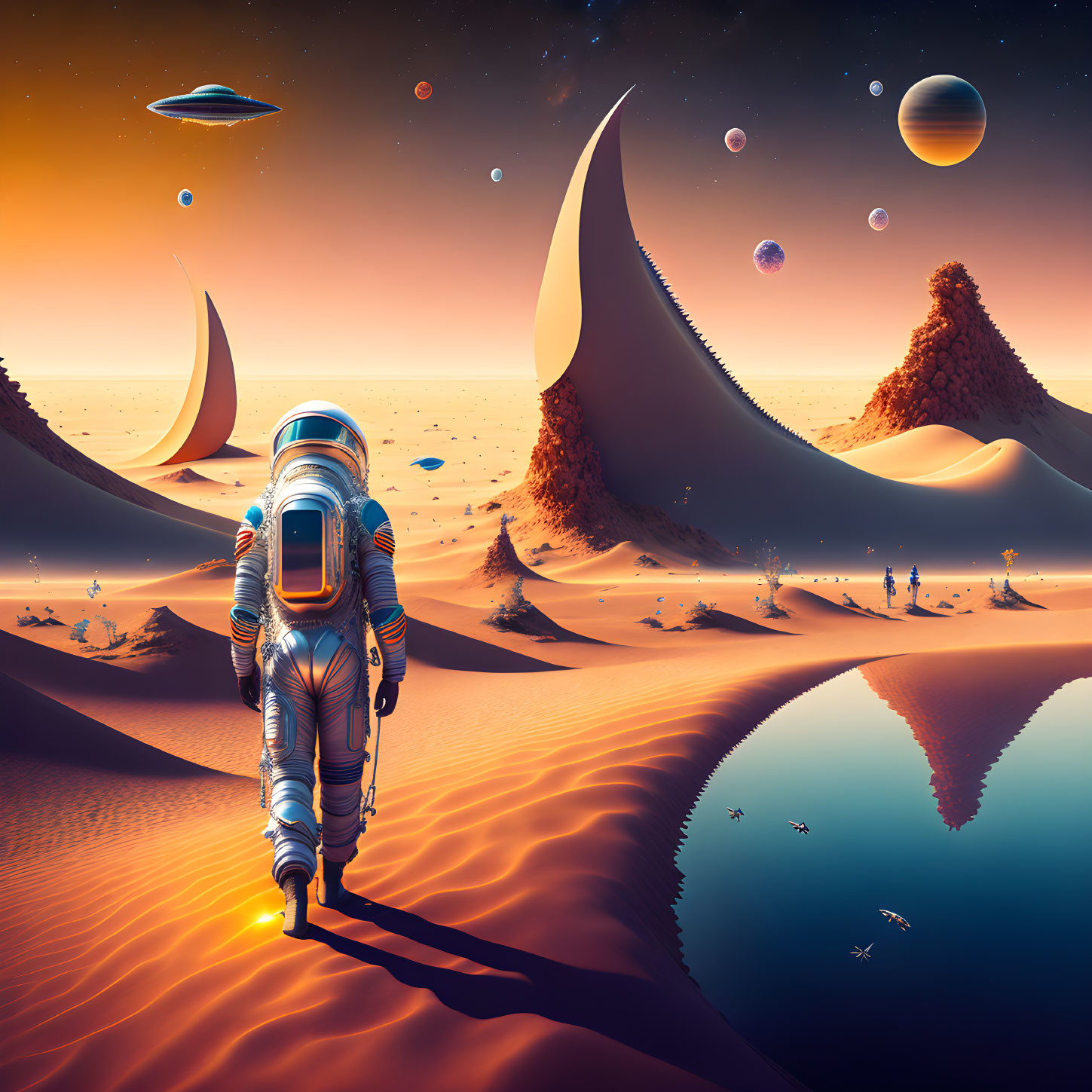 Astronaut exploring surreal alien desert with dunes, oasis, structures, moons, and spaceships