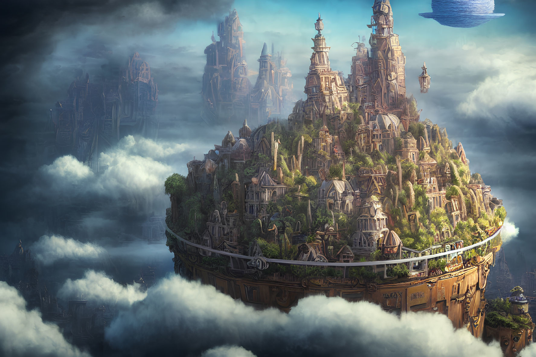 Intricate architecture of a floating city in the clouds