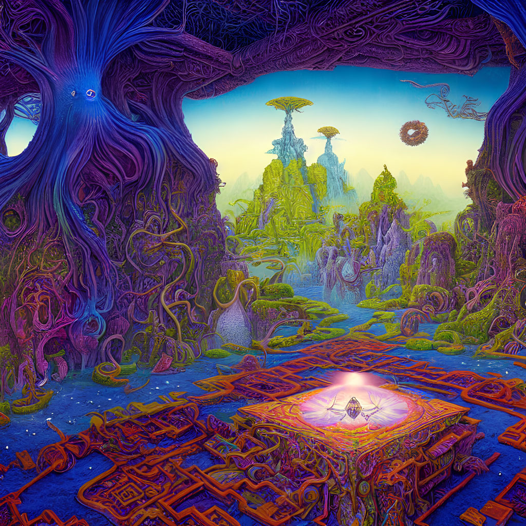 Vibrant Blue and Purple Fantastical Landscape with Otherworldly Trees