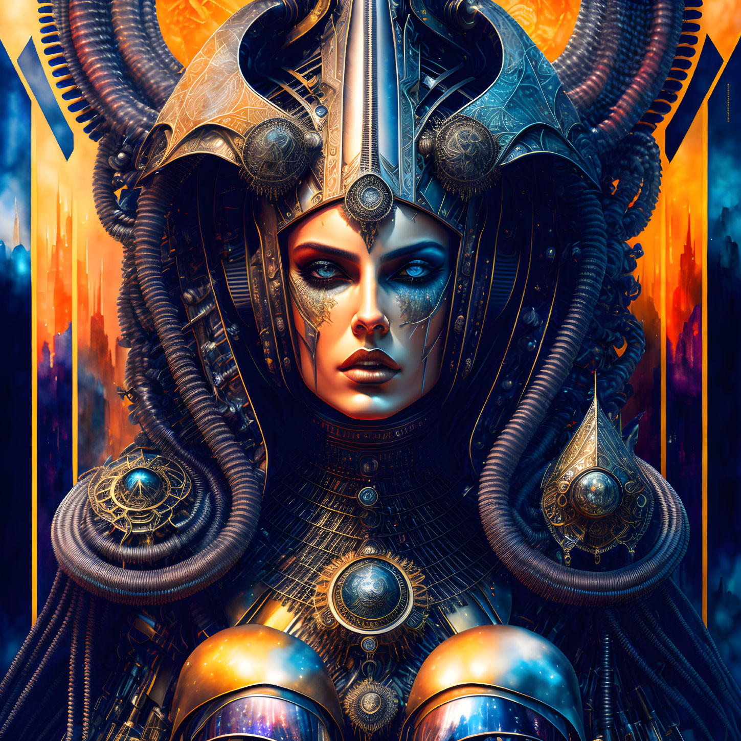 Female automaton with futuristic headdress and metallic ornamentation against fiery backdrop