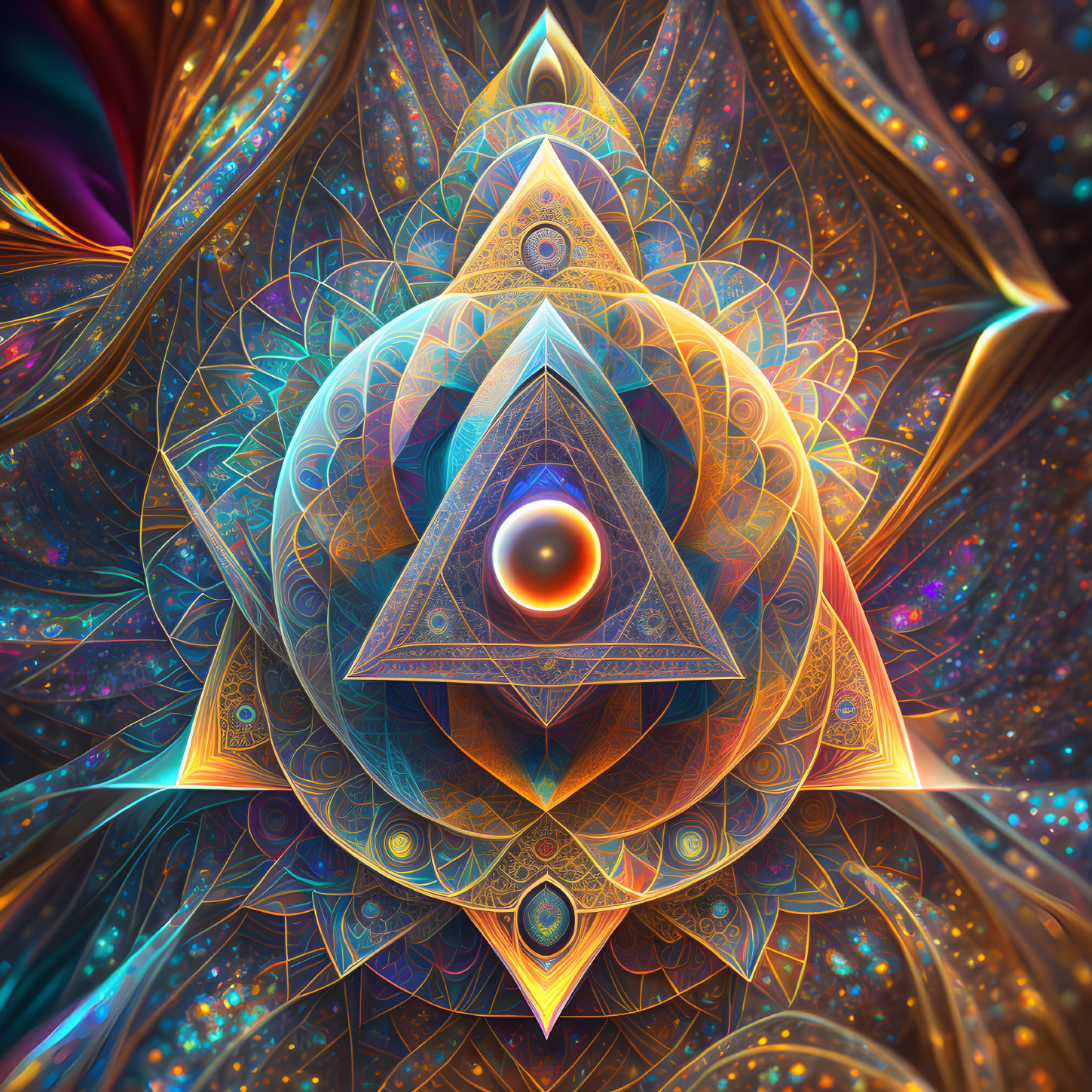 Colorful digital artwork with geometric patterns and glowing orbs.