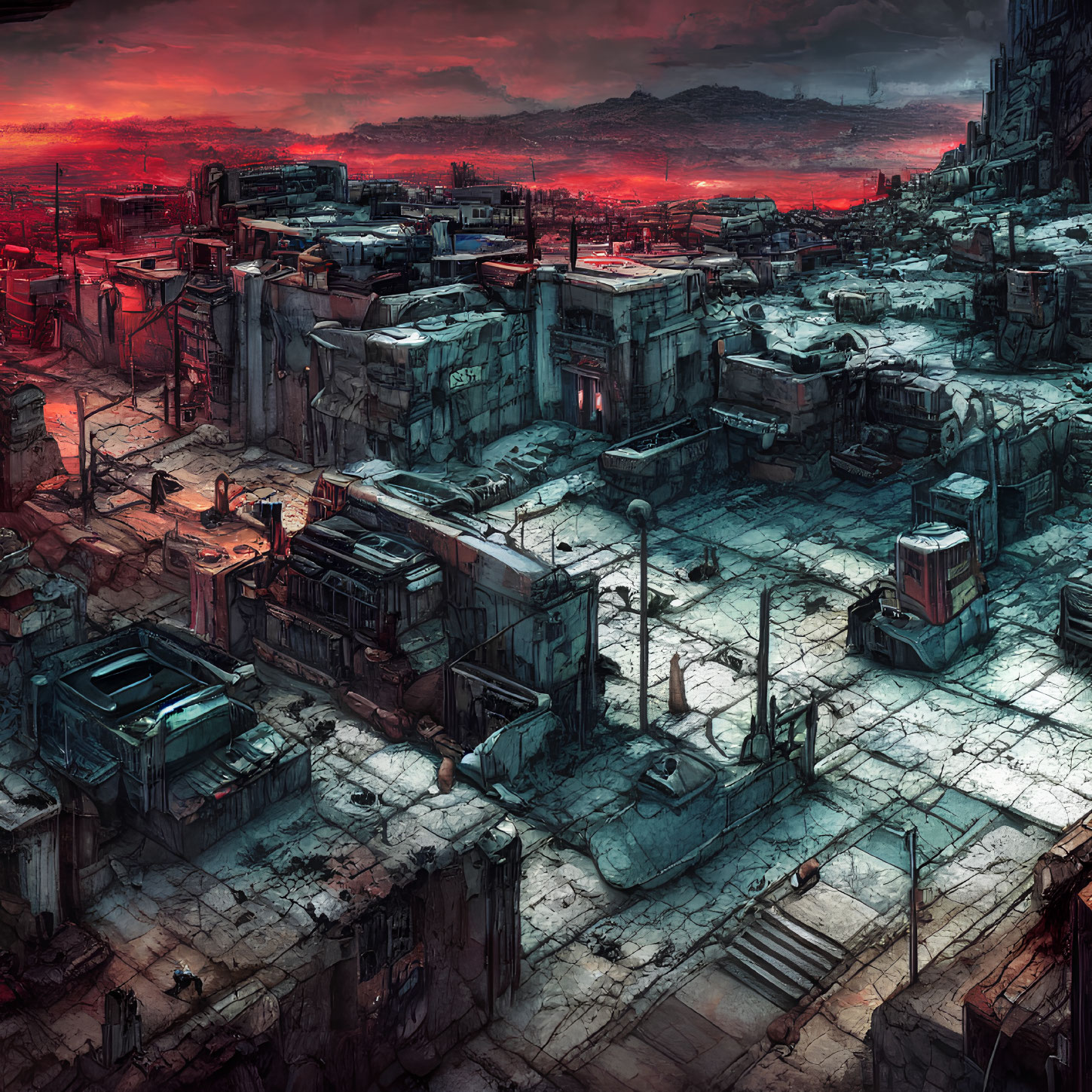 Dystopian cityscape at dusk with dilapidated buildings and fiery sky.