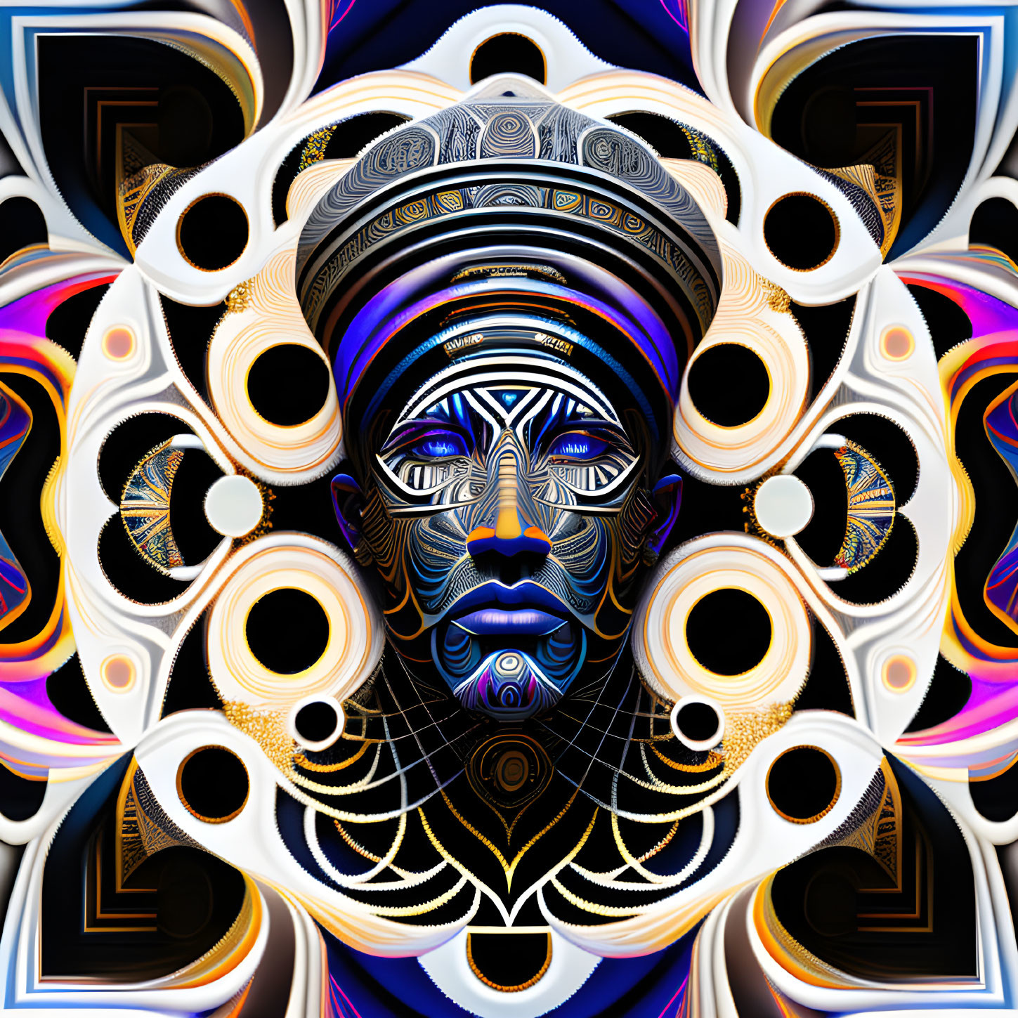 Symmetrical psychedelic digital artwork with tribal face design