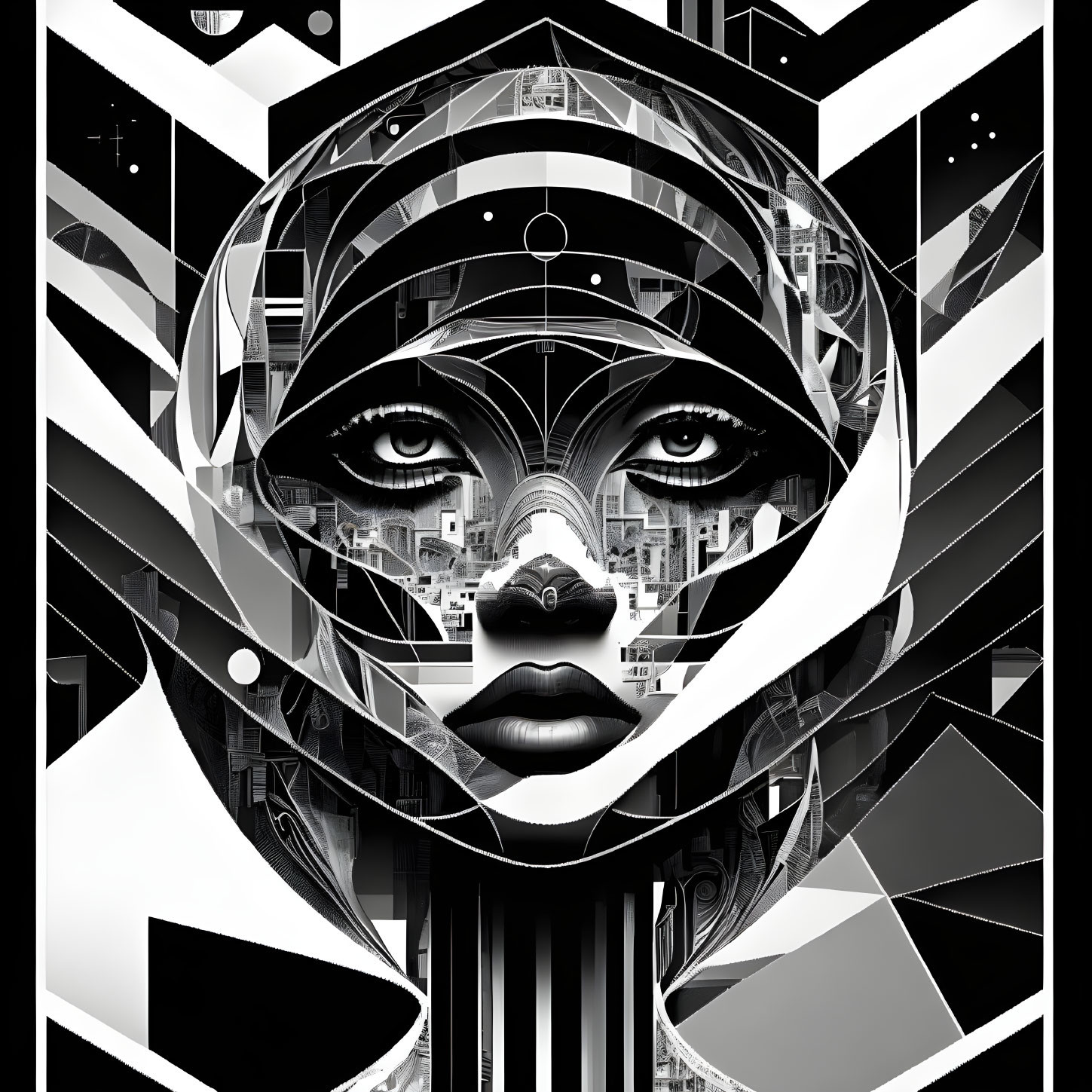 Abstract Monochromatic Art: Stylized Human Face with Geometric Patterns and Cityscape Elements