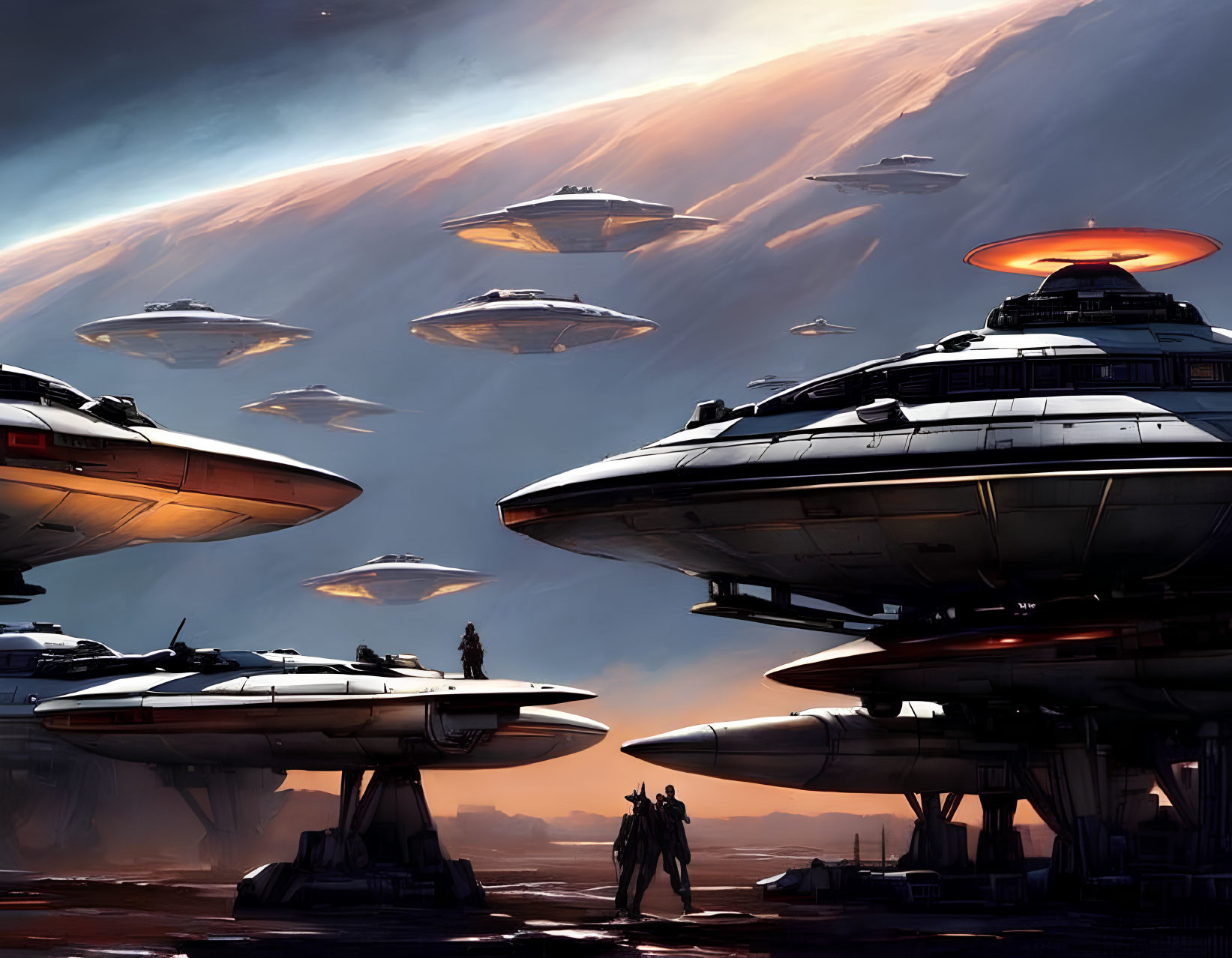 Futuristic spaceships at sunset above a spaceport