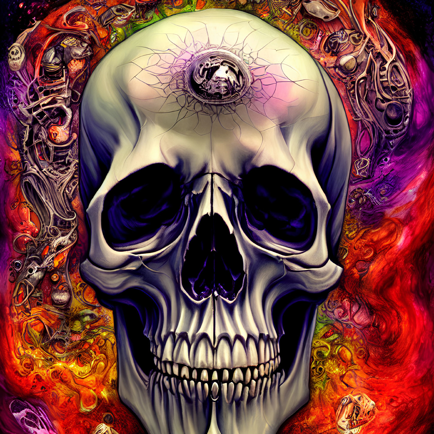 Colorful Psychedelic Skull Illustration with Abstract Patterns