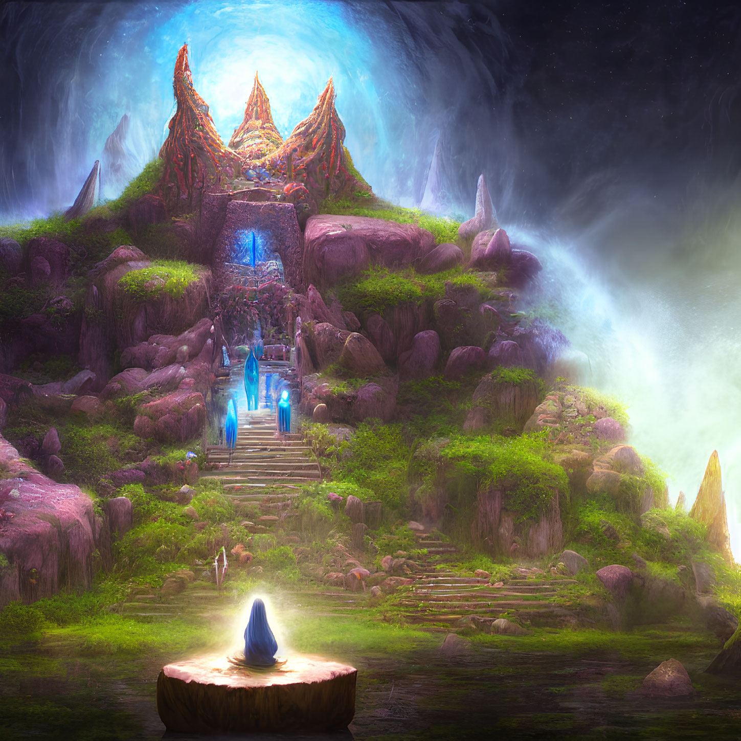 Mystical temple on rocky hill with glowing light, starry sky, waterfalls, and solitary