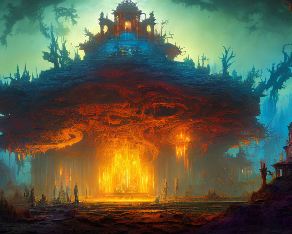 Mystical floating temple over luminous forest with fiery roots