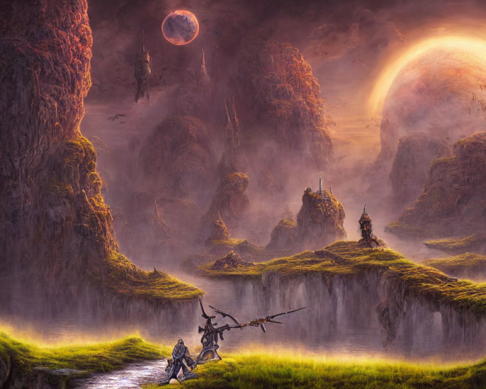 Warriors in Fantasy Landscape with Rock Formations, Waterfalls, Moon, and Cosmic Sky