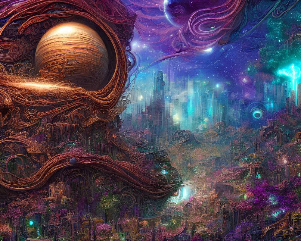 Fantasy landscape with alien architecture, cosmic bodies, and neon flora