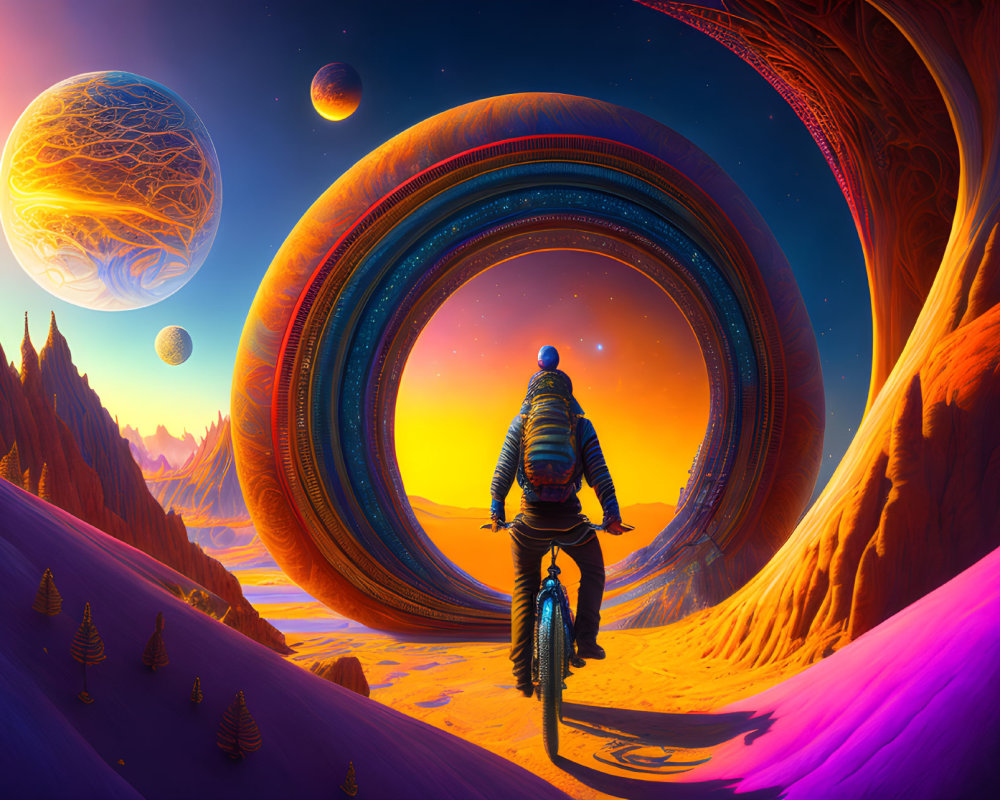 Cyclist in front of swirling portal on vibrant alien landscape