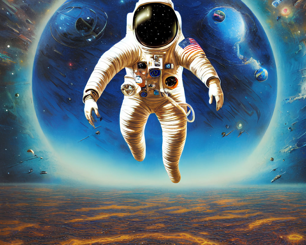 Astronaut in white spacesuit above swirling orange clouds