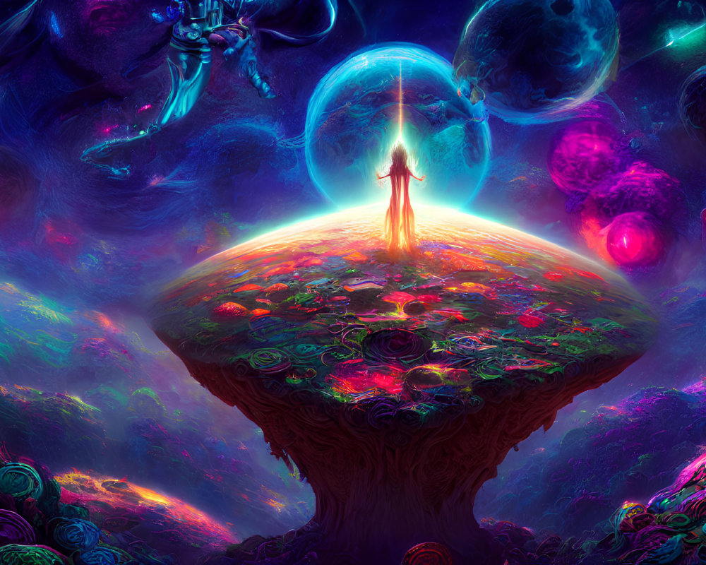 Figure on Vibrant Floral Platform in Surreal Cosmic Setting Holding Glowing Orb