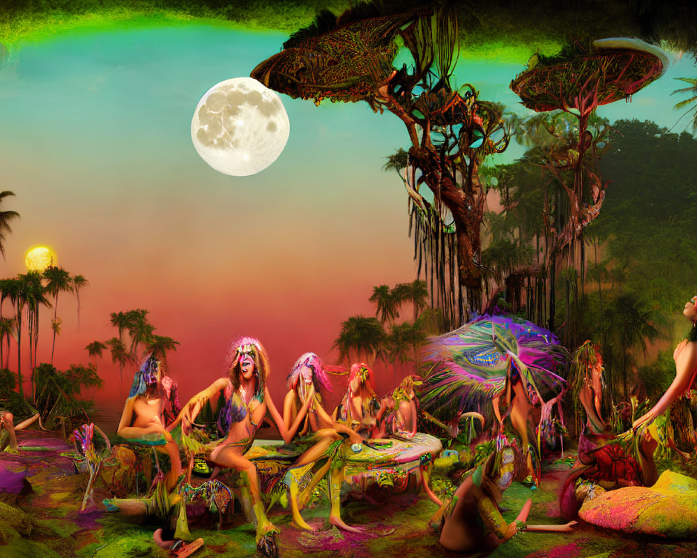 Vibrant attire in surreal jungle under large moon