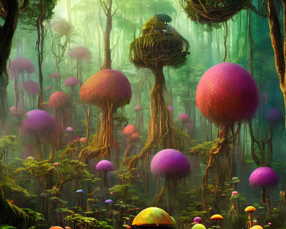 Misty forest with vibrant pink and red mushroom-like trees