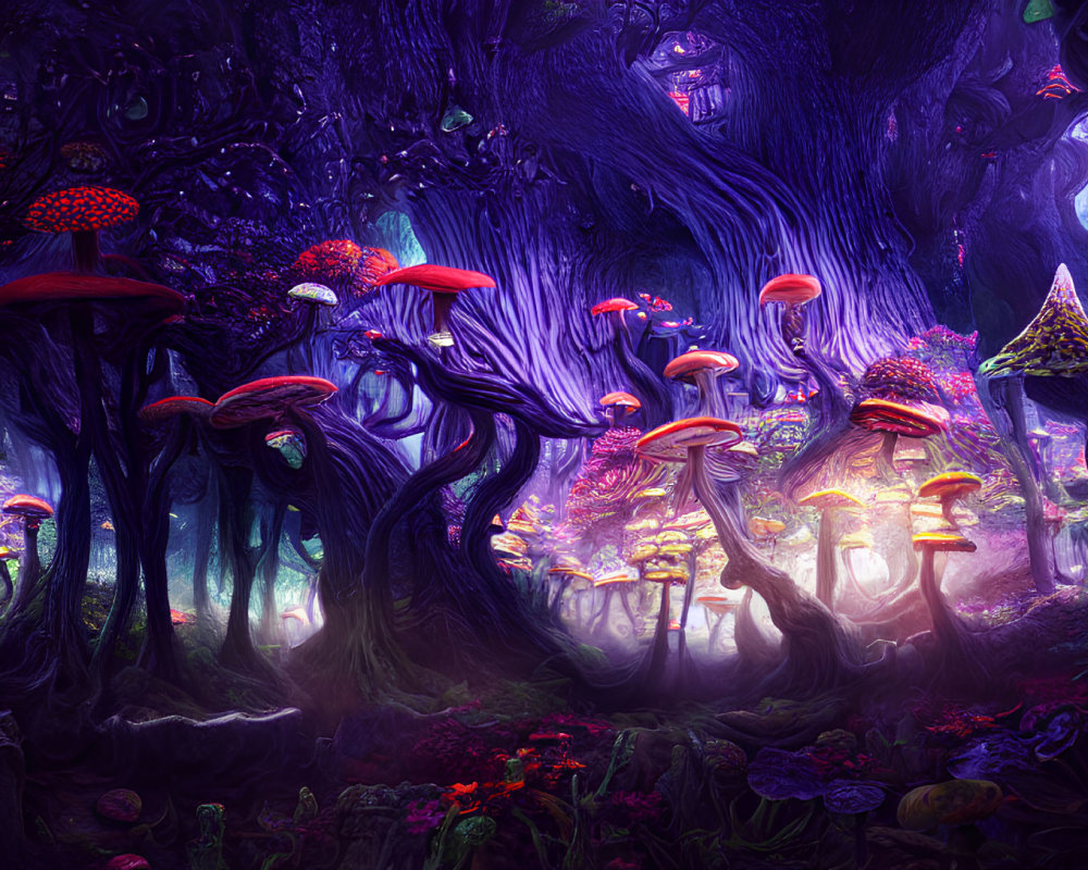 Enchanting Forest with Luminescent Mushrooms and Twisted Trees