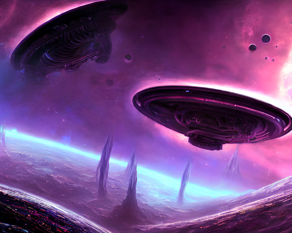 Alien spaceships over vivid extraterrestrial landscape