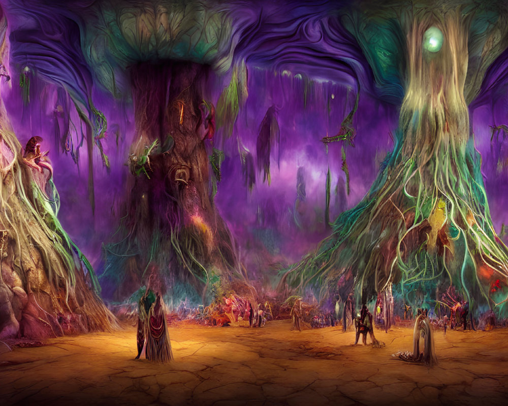 Fantastical landscape with towering trees and mystical figures in purple and green palette