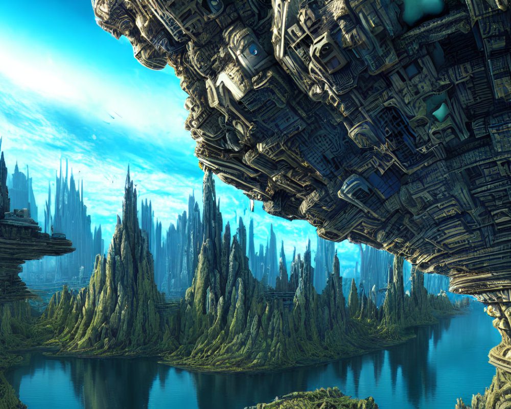 Futuristic spaceship over lush alien landscape with spires & lake