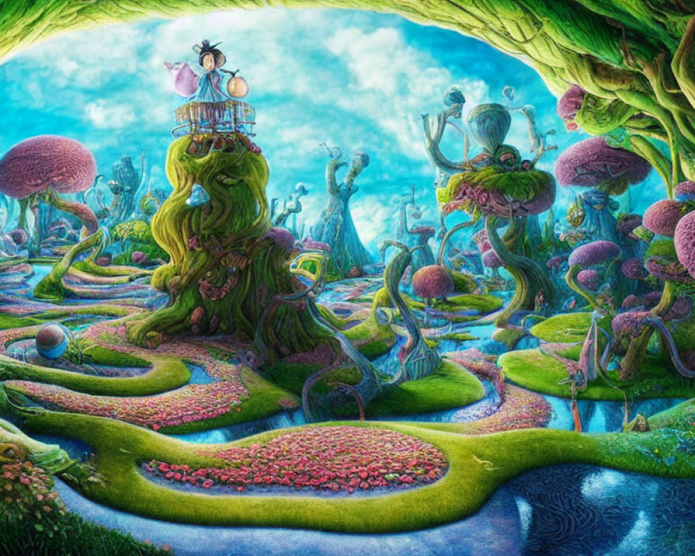 Fantasy landscape with character on tower, surreal flora, and winding pathways