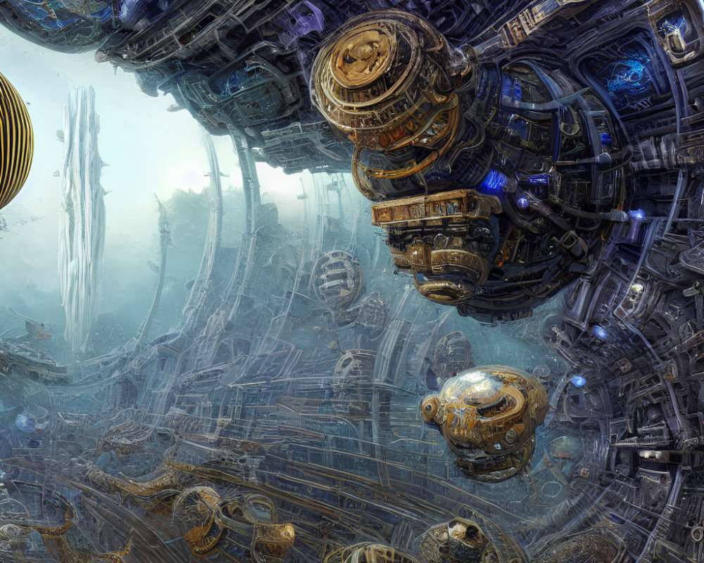 Detailed futuristic cityscape with machinery, floating spheres, and blue energy circuits.